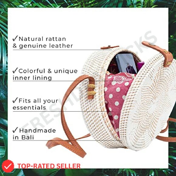 Round Rattan Crossbody Bag Handmade Boho Wicker Purse Lightweight Summer - Picture 4 of 8